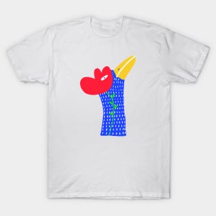 Blue funny bird with red flower, version 1 T-Shirt